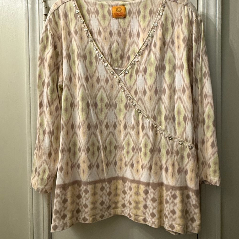 Ruby Rd 3x embellished top in shades of cream, green, tan and yellow
